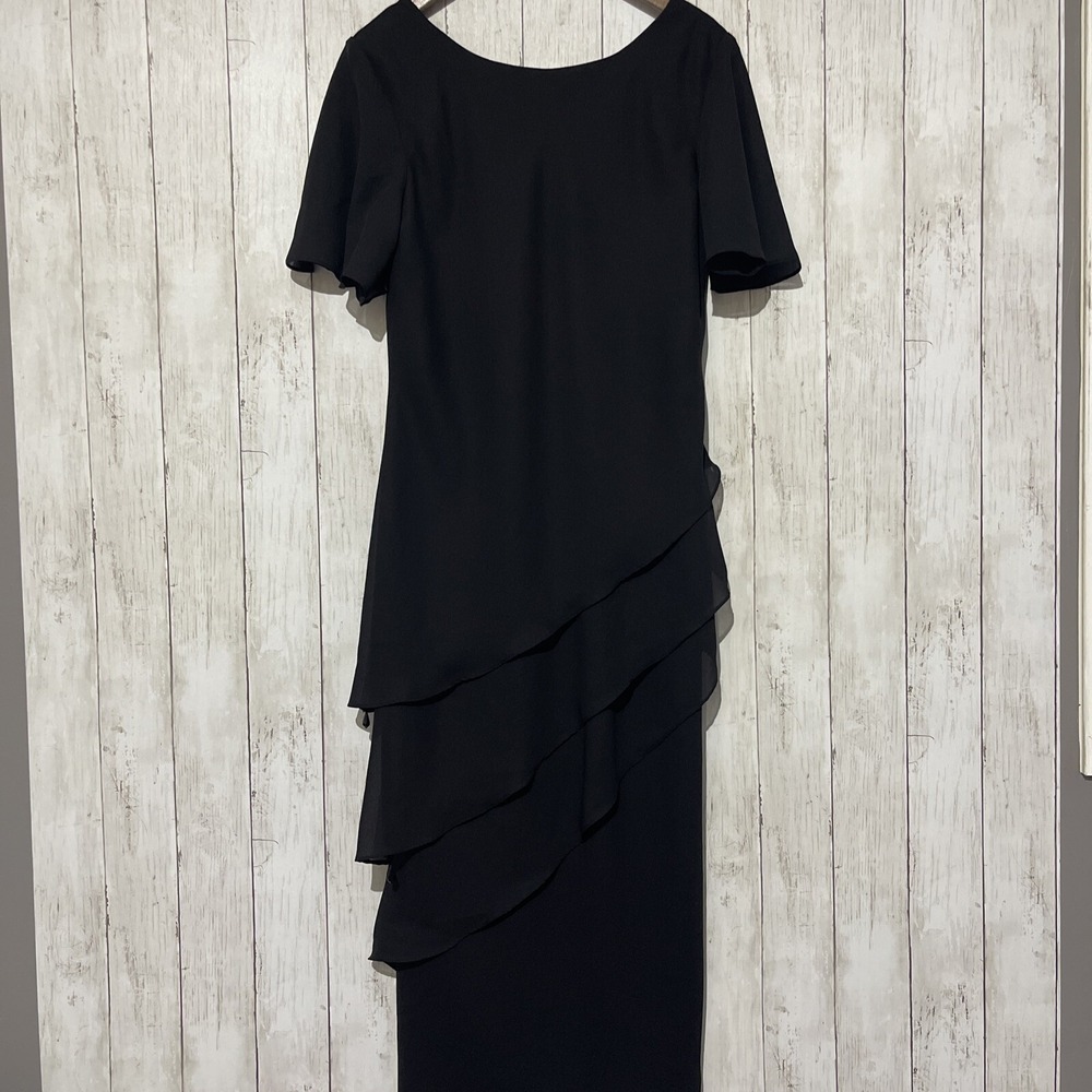 Virgo Black Tiered Ruffle Evening Gown Flutter Sleeve Beaded Formal Dress 12
